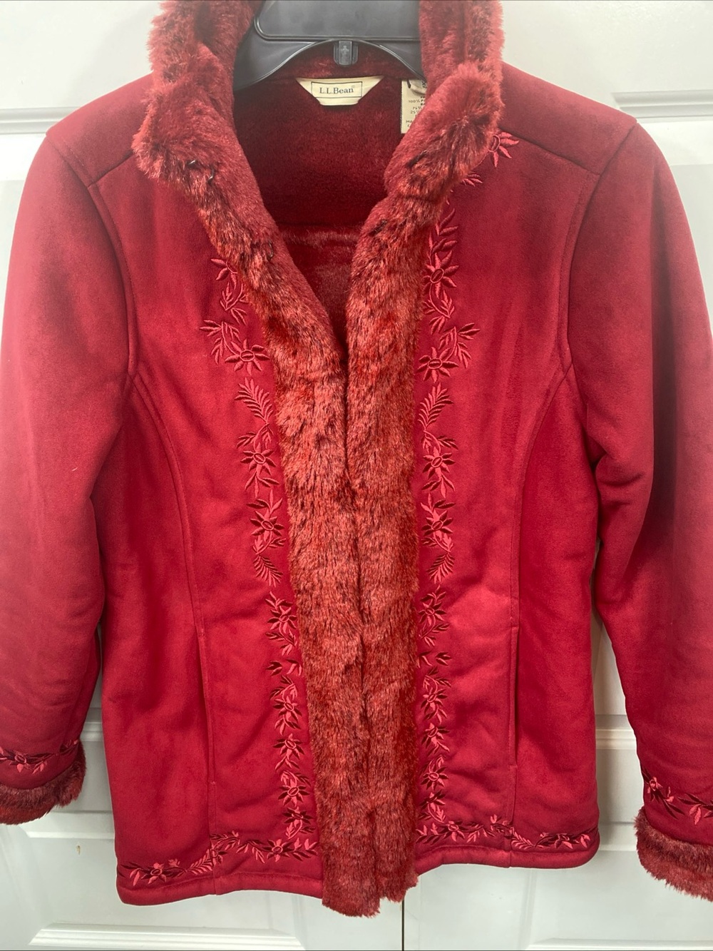 Vintage LL Bean Pea Coat Womens Red Penny Lane Faux Fur Embroidered Lined XS